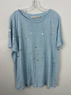 Soft Surroundings 100% Linen Embellished Light Blue Sequin Tee